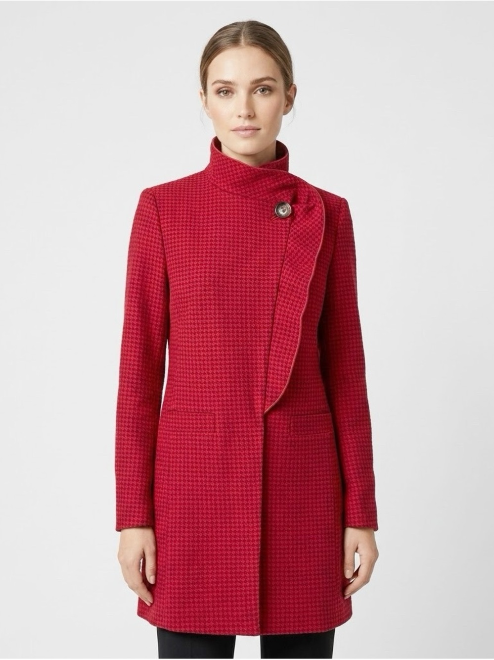 Cabi Crimson Houndstooth Ruffle Asymmetric Single Button Long Jacket Size L New
